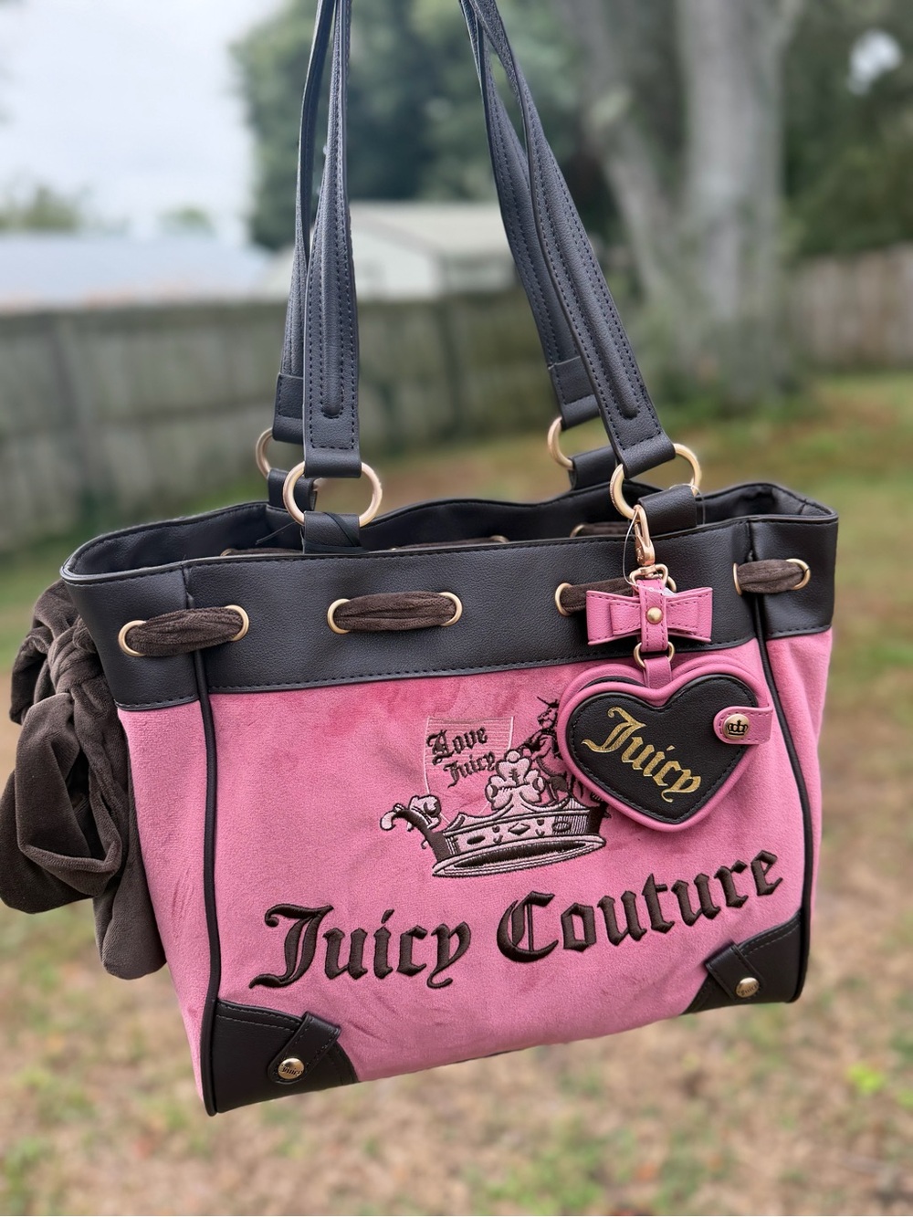 Juicy Couture Pink and Brown Embroidered Logo Tote with Heart Charm